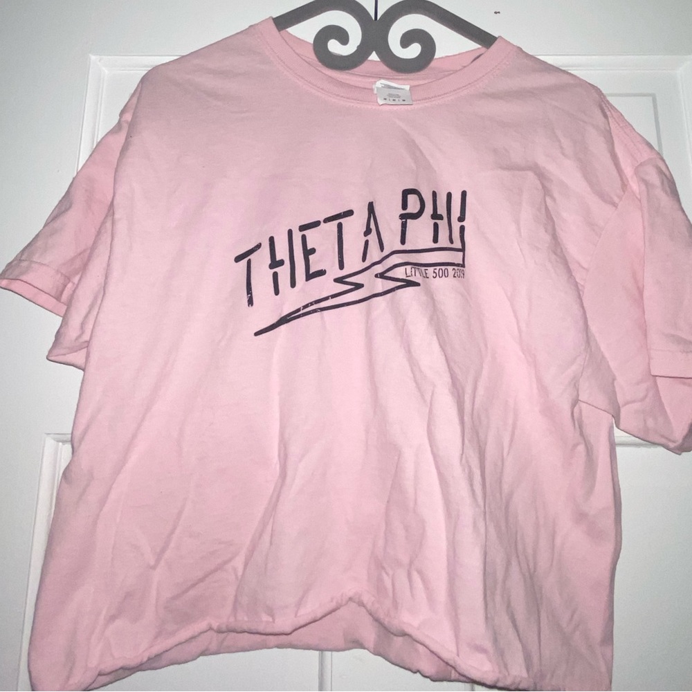 Theta Phi sorority spirit wear pink shirt